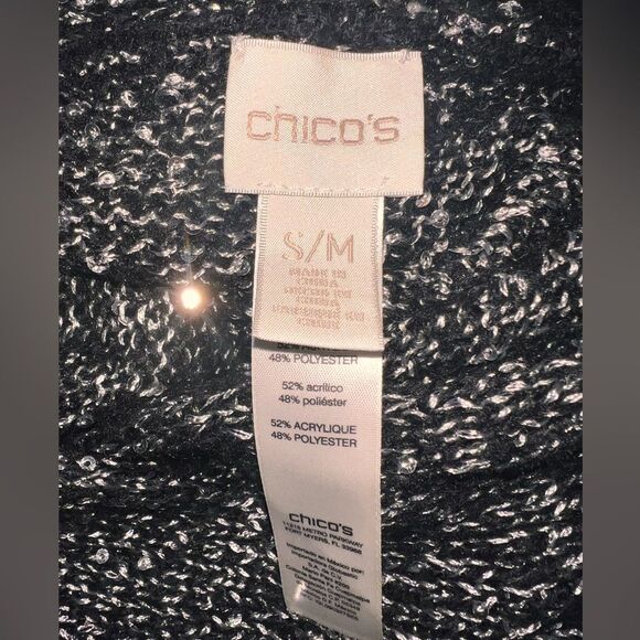 Chico’s Color Block Sparkle Cape S/M Knit Poncho Shawl Gray Silver Boho Cozy